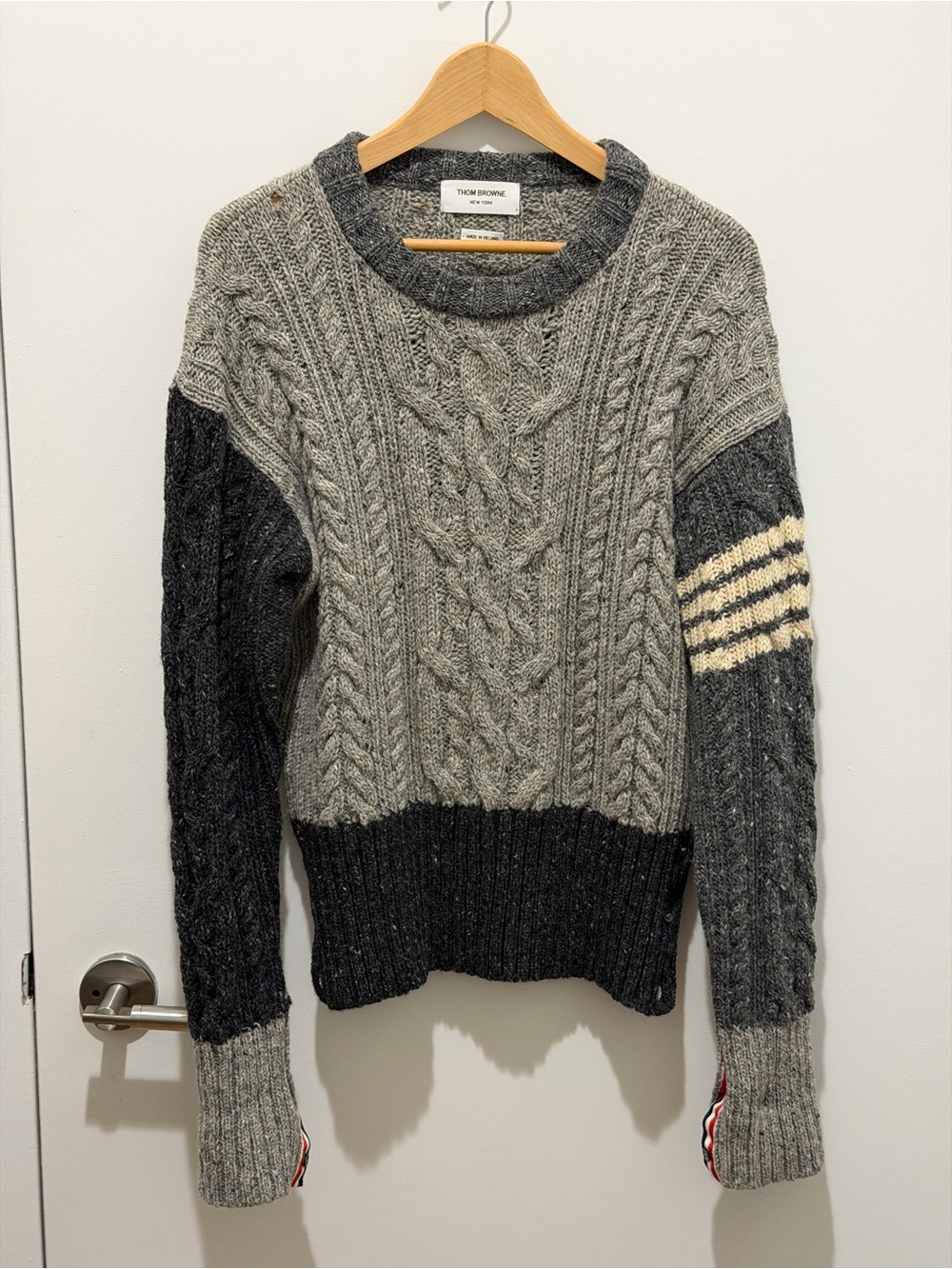 Thom Browne Gray and Dark Gray Cable-Knit Crewneck Sweater with Cream Stripe